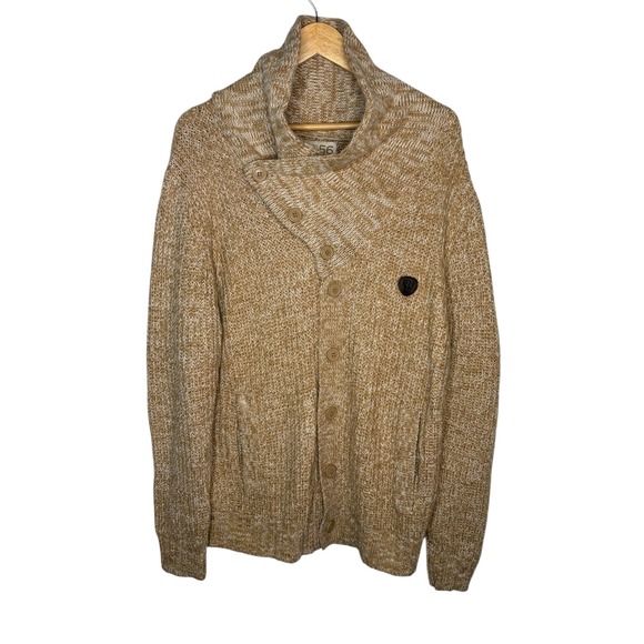 Parish Nation 56 Fisherman‎ Knit Elbow Patch Shawl Sweater Tan Men Size Large